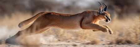 A caracal effortlessly propels itself mid-jump across arid plains, capturing the essence of wild movement and grace in a dusty environment.の素材