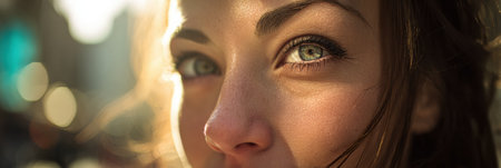 Bright backlight enhances the captivating gaze of the subject, creating a powerful and intimate moment against a bustling city backdrop.の素材