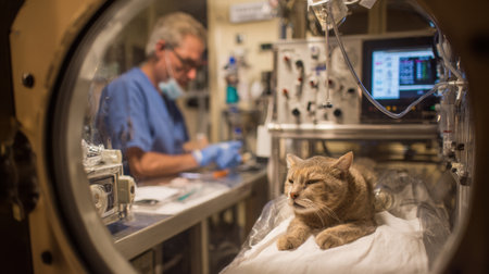 Veterinary staff monitors a cat undergoing oxygen therapy in a controlled medical environment to aid in recovery and respiratory health.の素材