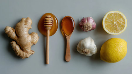 Flat lay arrangement showcases effective home cold remedies with ginger, honey, garlic, and lemon on a smooth surface, highlighting natural health options.の素材