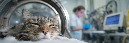 A cat lounges in an oxygen chamber at a vet clinic, monitored by a professional with specialized equipment.の素材