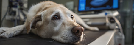 A calm dog receives a thorough ultrasound checkup in a well-equipped veterinary room that features modern technology and a bright overhead lightの素材