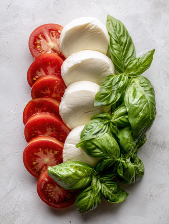 Fresh basil leaves, sliced tomatoes, and mozzarella balls arranged in a diagonal line against a neutral backdrop for an appealing presentation.の素材