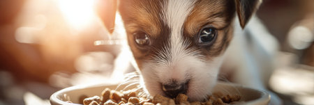Puppy focuses on grain-free food bowl under bright sunlight, creating a cheerful atmosphere and highlighting the joy of pet mealtime.の素材