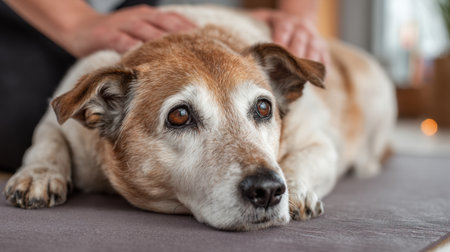 An elderly dog lies on a soft mat, being carefully examined for joint health under soft natural light, surrounded by a tranquil indoor environment.の素材
