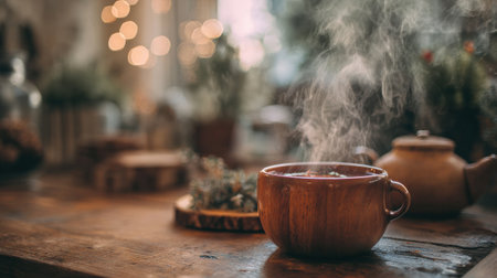 A pot of herbal tea releases steam in a cozy kitchen, surrounded by warm decor, creating an inviting space perfect for relaxation and enjoyment.の素材