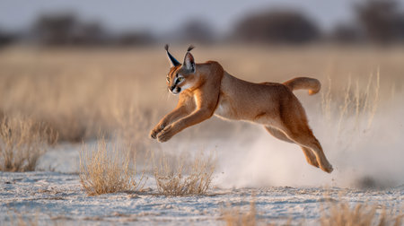 Wind kicks up dust as a caracal mid-jump showcases its remarkable agility across the plains, capturing the essence of wild elegance and speed.の素材