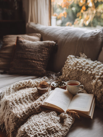 Soft sunlight filters through an autumn scene inviting relaxation on a cozy sofa adorned with a blanket, pillows, a book, and herbal tea.の素材