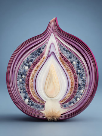 Cross-section view reveals the vibrant layers and intricate textures of a red onion, designed in a scientific infographic style with clear space for labeling.の素材