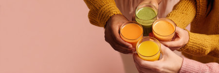 Family members joyfully hand each other colorful immune-boosting drinks, enjoying moments of togetherness in a warm and inviting atmosphere.の素材