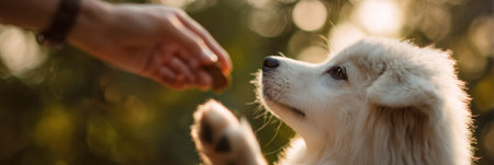 A playful dog extends its paw into a treat bag, hoping for a tasty snack on a warm afternoon in a bright outdoor setting.の素材