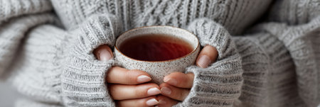 Warm hands cradle a cup of elderberry tea, as cozy sweater sleeves offer comfort against the cool air, creating a tranquil indoor moment of relaxation.の素材