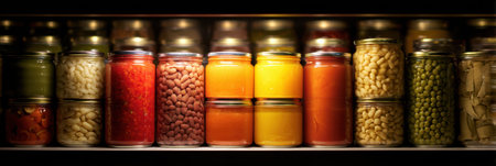 Colorful jars of canned food are neatly arranged on a shelf, illuminated by soft backlighting, creating a warm and inviting feel in the pantry.の素材