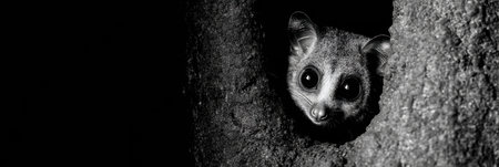 Galago observes from a hollow in a tree, with dark tones surrounding its face and the texture of the bark highlighted in the upper third of the viewの素材