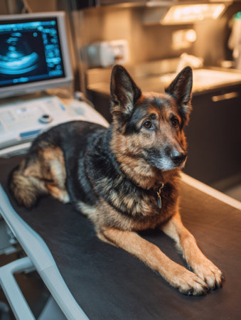 A dog is lying comfortably on a table while undergoing an ultrasound scan in a well-lit veterinary office, showing casing modern medical technology.の素材