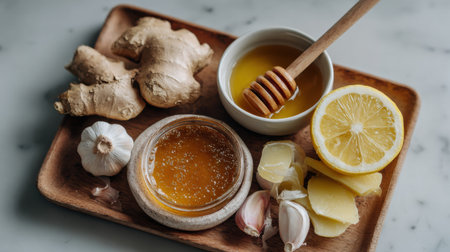 Flat lay display of natural cold remedies with honey, ginger, garlic, and lemon arranged neatly on a wooden tray to promote health and wellness.の素材