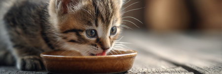Adorable kitten is happily licking a bowl of gravy food in a warm indoor space, creating a delightful moment of playful eating and comfort.の素材