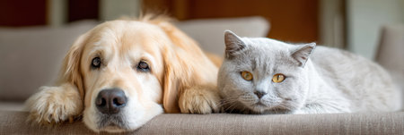 A friendly dog and a relaxed cat are waiting side by side on a clinic sofa, both looking calm and patient while waiting for an appointment.の素材