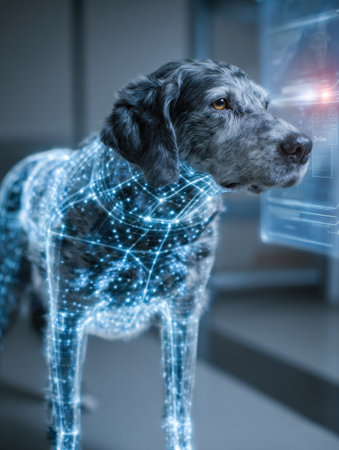 A dog is being scanned using a digital body map in a futuristic environment filled with high-tech visuals and glowing data projections.の素材