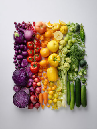 A vibrant collection of fruits and vegetables arranged to form a smooth rainbow gradient from purple to green, showing natures beauty and diversity.の素材