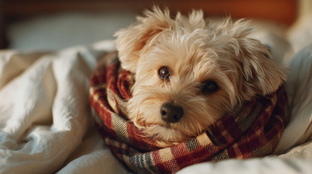 A dog in a warm plaid scarf rests next to its sick owner in bed, highlighting a touching moment of loyalty and warmth in a peaceful bedroom environment.の素材