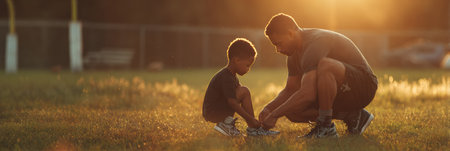 A father helps his young son tie his shoes on a grassy field, filled with encouragement before an important game, illuminated by a beautiful sunset.の素材