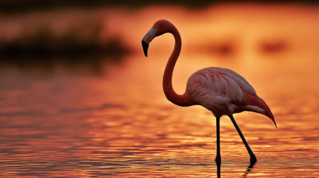 Majestic flamingo stands gracefully in shallow water as vibrant hues of sunset illuminate the sky, creating a tranquil atmosphere at dusk.の素材