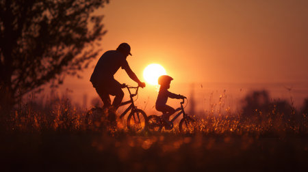 A father supports his child learning to ride a bike during a beautiful sunset, highlighting a joyful moment of discovery in nature.の素材