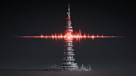 A sleek, futuristic communication tower stands tall, transmitting vibrant signal pulses against a dark backdrop, showing advanced technology and design.の素材