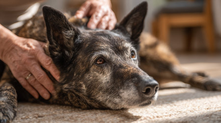 An elderly dog lies on a mat while a caregiver gently examines its joints, basking in soft natural light, showing a comforting atmosphere for the pet.の素材