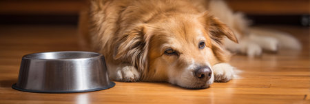 A dog rests beside its empty food bowl on a warm wooden floor, eagerly anticipating mealtime in a comfortable indoor environment.の素材