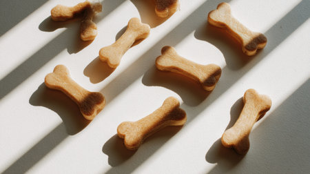 Delicious dog bone treats are laid out in a flat lay arrangement on a white surface, highlighted by natural sunlight and diagonal shadows making it inviting.の素材