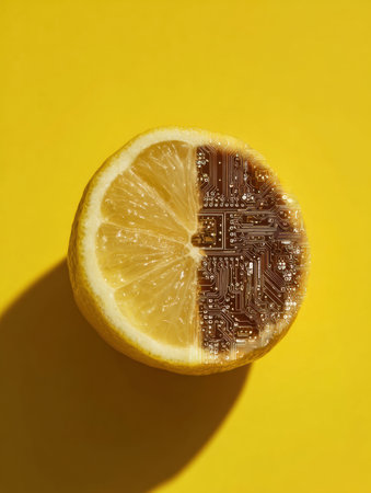 A half lemon shows a circuit-like texture, contrasting with its natural yellow against a plain background, highlighting innovation.の素材