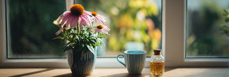 Bright sunlight shines on a pot of echinacea flowers beside a mug and a vitamin bottle on a cozy windowsill, creating a warm, inviting atmosphere.の素材