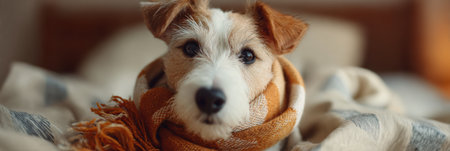 A loyal dog wrapped in a scarf sits beside its sick owner resting in bed, surrounded by warm tones and a tidy room atmosphere.の素材