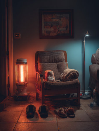 A warm and inviting chair is positioned next to a heater, surrounded by slippers and a cold kit, creating a cozy atmosphere in the evening light.の素材