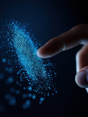 A blue digital fingerprint morphs into a chat bubble, representing the intersection of security and communication in technology, emphasizing privacy.の素材