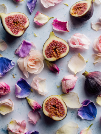 Scattered edible flower petals surround ripe fresh figs, forming a charming and romantic setup that invites an intimate gathering or celebration.の素材