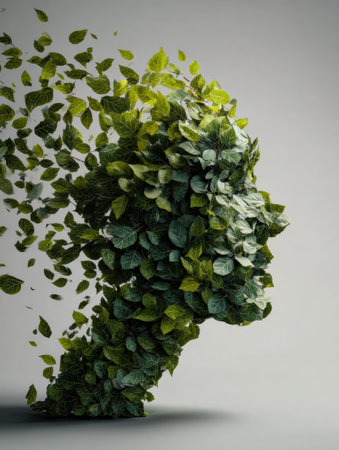 A silhouette made of green leaves illustrates a human head, symbolizing the connection between nature and mental serenity in a tranquil setting.の素材