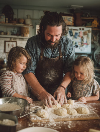 In a warm kitchen, a father is cooking with his children, sharing laughter and creating joyful memories while flour and dough fill the countertop.の素材