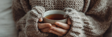 Warm sweater sleeves wrap around a cup of elderberry tea, capturing a moment of comfort and relaxation in a cozy indoor atmosphere on a cool day.の素材