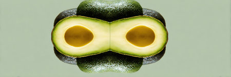 This visual showcases mirrored avocado halves with a polished surface, emphasizing the green hues and seeds in a clean, artistic presentation.の素材