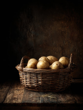 A basket brimming with freshly harvested potatoes rests on a dark wooden surface, creating a warm and rustic atmosphere ideal for culinary inspirationの素材
