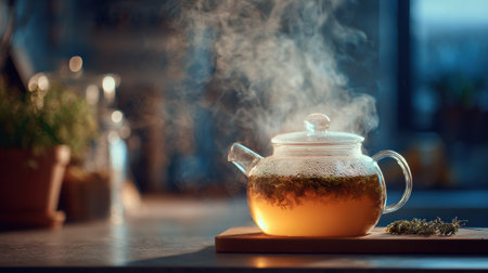 A pot of herbal tea sits on a wooden surface, releasing aromatic steam in a warmly lit kitchen, creating a perfect space for comfort and relaxation.の素材