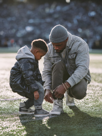 Father kneels on the green field, carefully tying his young sons shoes, instilling confidence before an exciting game, surrounded by teammates and fans.の素材
