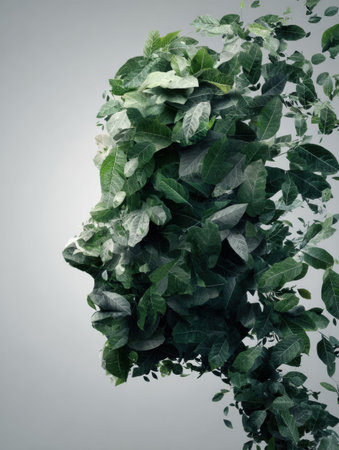 Calming green leaves elegantly shape a human head silhouette, representing the harmony between nature and human wellness, evoking feelings of peace.の素材
