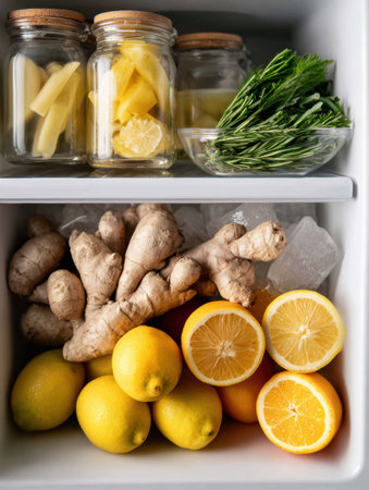 A refrigerator is filled with natural cold remedies, featuring ginger roots, fresh lemons, and jars of ginger shots, ready for use during cold season.の素材