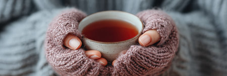 Warm sweater sleeves embrace a cup of elderberry tea, bringing comfort on a cold evening, perfect for relaxation and mindfulness during winter.の素材