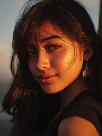 Sunlight illuminates the subjects features as she engages with the camera, capturing a moment of connection and warmth during the late afternoon.の素材