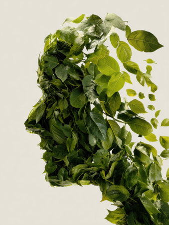 A silhouette formed by lush green leaves captures the essence of tranquility, merging nature with human form in an artistic representation of peace.の素材